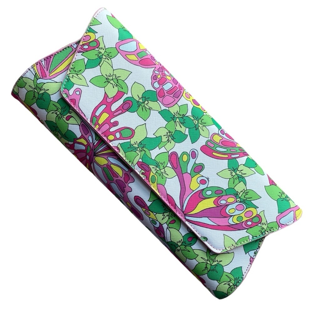 Trina Turk Luxury Floral Pink Green Butterfly Print Faux Leather Clutch Bag NWT
